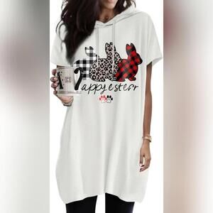 NWT Dokotoo "Happy Easter" Oversized Bunny Hooded Short Sleeve Long T-Shirt, M